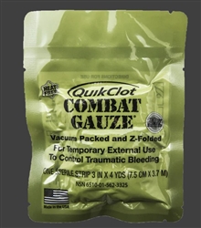 QuikClot® Combat Gauze™ Z-Fold is a soft, white, sterile, non-woven gauze impregnated with (KAOLIN), "an inert inorganic mineral that accelerates the body's natural clotting ability