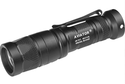 SureFire Aviator AVIATOR-RD dual-output multi-spectrum LED flashlight with white and red light, aluminum body, pocket clip, and 123A battery