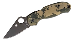 Spyderco Para 3 folding knife with black DLC S45VN blade and digital camo G-10 handle â€“ available in Canada