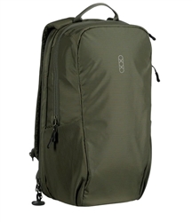 Eberlestock Fade Transport™ backpack in black, shown standing upright with low-profile silhouette, structured rear clamshell, and loop-lined modular interior.