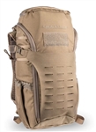 Eberlestock Banditâ„¢ 13.7L daypack in dry earth, shown with laser-cut MOLLE panel, top lid organizer, and side pockets for water bottle and tripod.