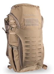 Eberlestock Bandit™ 13.7L daypack in dry earth, shown with laser-cut MOLLE panel, top lid organizer, and side pockets for water bottle and tripod.