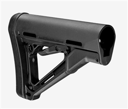 The Magpul CTR (Compact/Type Restricted) - Commercial-Spec model is a drop-in replacement buttstock for AR15/M16 carbines using Commercial-Spec sized receiver extension tubes.