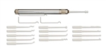 This professional set of tools includes 16 stainless steel picks, housed inside the stainless steel and aluminum body, and 3 tension tools.