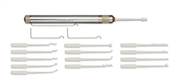 This professional set of tools includes 16 stainless steel picks, housed inside the stainless steel and aluminum body, and 3 tension tools.