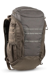 Eberlestock Little Trick™ backpack in dry earth with expandable bottom open, shown with laptop sleeves, MOLLE-10, and concealed carry side access.