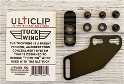 The TuckWing is a fully customizable concealment system and is made to compliment the UltiTuck clip.  It applies additional leverage by rotating the holster and the grip of the gun towards the userâ€™s body,