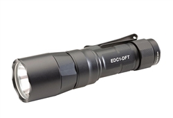 SureFire EDC1-DFT Turbo EDC flashlight with 650 lumens, 95,000 candela, dual-fuel battery compatibility, pocket clip, and black aluminum body