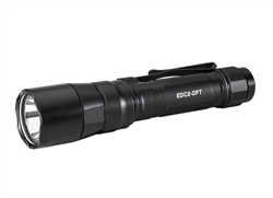 SureFire EDC2-DFT Turbo dual-fuel LED flashlight with 700 lumens, 100,000 candela, rechargeable 18650 battery, pocket clip, and black aluminum body