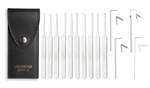 The MPXS-14 Lock Pick Set comes with nine picks and a broken key extractor, all manufactured of tempered stainless steel and all with our exclusive rivetless stainless steel handles, four tension tools and our top grain leather snapover case.