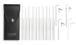 The MPXS-14 Lock Pick Set comes with nine picks and a broken key extractor, all manufactured of tempered stainless steel and all with our exclusive rivetless stainless steel handles, four tension tools and our top grain leather snapover case.