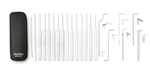 The MPXS-14 Lock Pick Set comes with nine picks and a broken key extractor, all manufactured of tempered stainless steel and all with our exclusive rivetless stainless steel handles, four tension tools and our top grain leather snapover case.