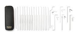 The MPXS-14 Lock Pick Set comes with nine picks and a broken key extractor, all manufactured of tempered stainless steel and all with our exclusive rivetless stainless steel handles, four tension tools and our top grain leather snapover case.
