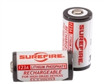 SureFire SFLFP123 rechargeable LiFePO4 123A batteries two pack with 3.2V power, 450 mAh capacity, and reusable flashlight battery design