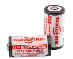 SureFire SFLFP123 rechargeable LiFePO4 123A batteries two pack with 3.2V power, 450 mAh capacity, and reusable flashlight battery design